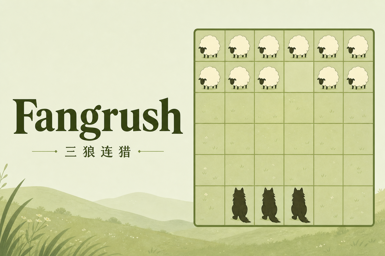 Three wolves face a flock of sheep on the Fangrush board.